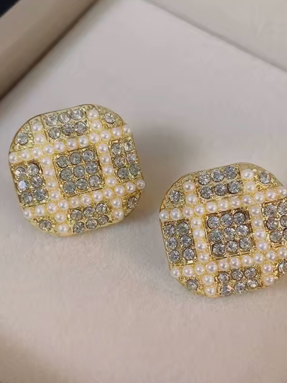Gold Pearl & Crystal Grid Button Earrings - Women Jewelry